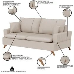 Sofá 180cm 3 Lugares com Almofadas Pés Curvos Veras Suede D05 Bege Cla