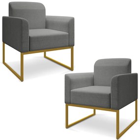 Kit 2 Poltronas Decorativas Isabella Base Industrial Linho Grafite/Dourado G19