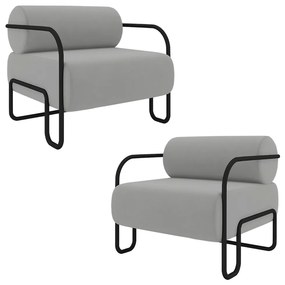 Kit 2 Poltronas Decorativas Sala de Estar Polatsk Base Industrial de Ferro Veludo Cinza Claro G33 - Gran Belo