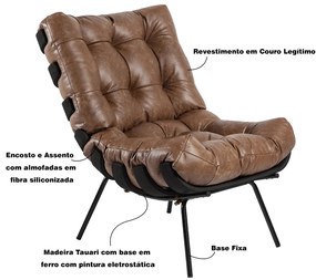 Poltrona Decorativa Sala de Estar Costela Base Preta Couro Mel G34 - Gran Belo