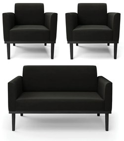 Sofá Namoradeira com 2 Poltronas Base de Madeira Fixa Preto Marisa Suede  D03 - D'Rossi - Preto