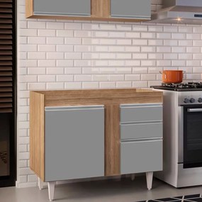 Balcão de Cozinha Lavanderia sem Tampo 02 Gavetas Bia 100 cm L06 - D'Rossi - Castanho e Cinza