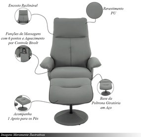 Poltrona do Papai Elétrica com Massagem e Giratória Nebraska com Apoio de Pés Pu Cinza G56 - Rivatti