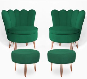 Conjunto 2 Poltrona Dália com 2 Puff Chloe Pés Hairpin Legs Bronze Veludo Verde Bandeira