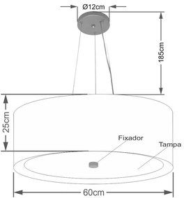 Lustre Pendente Cilíndrico Md-4013 Cúpula em Tecido 60x25cm Preto / Branco - Bivolt