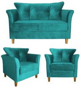 Kit Namoradeira + 2 Poltronas Ibis Sala Suede Azul Tiffany