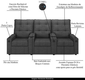 Poltrona do Papai Reclinável Sala de Cinema Movie 3 Lugares Manual Baú USB Linho Chumbo