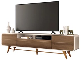 Bancada Época para TV até 85 Polegadas com Pés em Madeira Off White/Castanho G26 - Hb Móveis