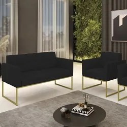 Sofá Namoradeira e 1 Poltrona Base Industrial Dourado Ana Linho Preto