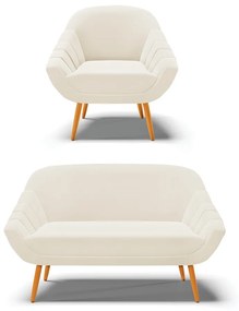 Kit 01 Namoradeira 02 Lugares e 01 Poltrona Giovana Veludo Bege Pés Palito Castanho - Indo Decorar