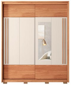 Guarda Roupa Solteiro Polônia Ripado 2 Portas de Correr com Espelho  3 Gavetas Ripado MDF Freijo/OffWhite/Sued G11- Gran Belo