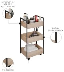 Carrinho Auxiliar para Salão de Beleza Industrial Liss Z34 Freijó/Pret