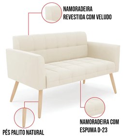 Kit 1 Sofá Namoradeira e 1 Poltrona Elisa Veludo Pés Palito Natural D03 - D'Rossi - Bege