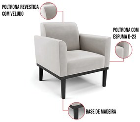 Kit 2 Poltronas Base de Madeira Fixa Preto Marisa Veludo D03 - D'Rossi - Cinza