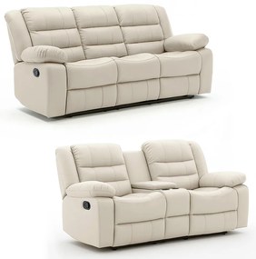 Conjunto de Sofás 2 e 3 Lugares Sala de Estar Reclinável Hollywood Manual Aquecimento Massagem Porta Copos PU Bege G94 - Gran Belo