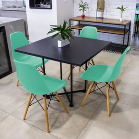 Kit 04 Cadeiras Eiffel Azul Turquesa e 01 Mesa de Jantar 04 Lugares Jade 90 cm Preto Base Metálica Industrial Preto - D'Rossi