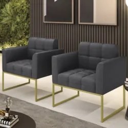 Poltrona Sala Base Industrial Dourado Kit 2 Ana Bouclé Grafite - Ibiza