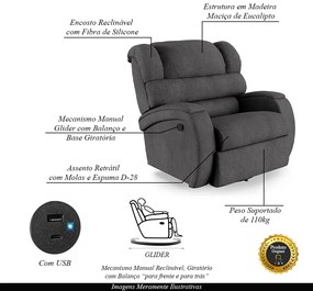 Poltrona do Papai Sala de Cinema Reclinável Kylie Glider Manual Giratória USB Linho Chumbo G23