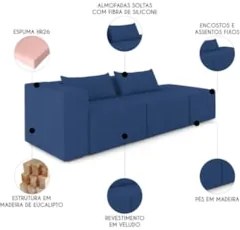 Sofá 5 Lugares 343cm Com Puff Direito Fay Veludo Azul Z55 - Mpozenato