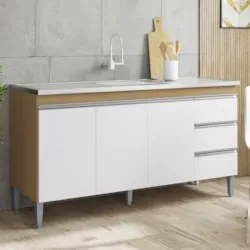 Balcão de Cozinha com Pia Inox 160cm Andréia Amêndoa/Branco - AJL Móve