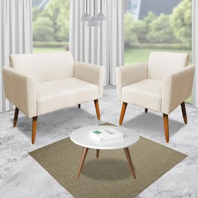 Poltrona Namoradeira Decorativa Isabella Pés Palito Madeira Suede Bege G19 - Gran Belo
