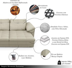 Sofá Retrátil Manual Sala de Estar Nolan Bipartido 250cm Conforto Premium em Couro OffWhite G58 - Gran Belo