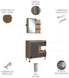 Gabinete Banheiro 80cm e Espelheira 70cm Clari Mel/Grafite F10 - Mpoze