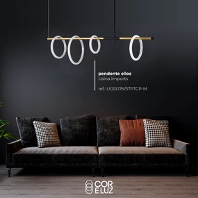Pendente Ellos Com Haste Fixa 04 Argolas Magnéticas 120X100X30Cm Led 5... (Preto / Champanhe)