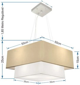 Lustre Pendente Duplo Quadrado Vivare Md-4066 Cúpula em Tecido 50x35cm Algodão Crú / Branco - Bivolt