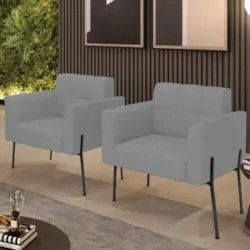 Poltrona Para Sala Pé Metal Preto Kit 2 Ana Linho Grafite - Ibiza