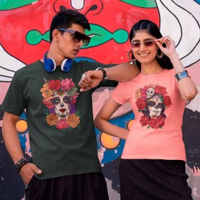 Camiseta Unissex Caveira Mexicana Mulher Dia de Los Muertos 2 - Preto - XGG