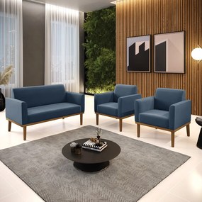 Sofá Namoradeira com 2 Poltronas Base de Madeira Fixa Castanho Marisa Suede D03 - D'Rossi - Azul Marinho