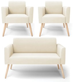 Sofá Namoradeira com 2 Poltronas Pés Palito Natural Marisa Veludo D03 - DRossi - Bege
