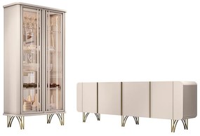 Conjunto Cristaleira Buffet com LED Portas de Vidro Pés Aço Maciço Cor Dourado Texas/Virginia Off White G26 - Gran belo