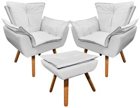 02 Poltronas e 01 Puff Pé Palito de Madeira Opala Corino - Branco