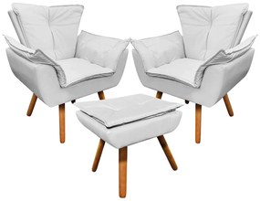 02 Poltronas e 01 Puff Pé Palito de Madeira Opala Corino D03 - D'Rossi - Branco