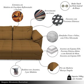 Sofá Retrátil Elétrico Sala de Estar Nolan Bipartido 339cm Conforto Premium em Couro Mel G58 - Gran Belo