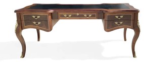 Escrivaninha Papeleira Bengui 5 Gavetas Tampo Couro Natural Madeira Maciça Marchetaria Design Clássico