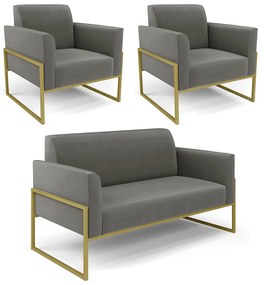 Sofá Namoradeira com 2 Poltronas Base Industrial Alta Dourado Marisa Suede D03 - D'Rossi - Grafite