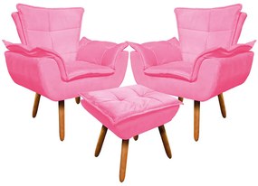 02 Poltronas e 01 Puff Pé Palito de Madeira Opala Suede - Rosa Barbie