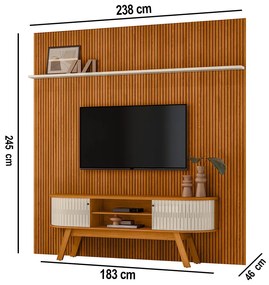 Painel TV 75 Pol 238cm Ripado Kalven com Rack Bancada Enzari M20 - D'Rossi - Cinamomo(fosco)/Off White(brilho)