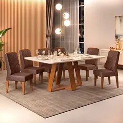 Mesa de Jantar Kiara 160cm Com 6 Cadeiras Lídia D04 Freijó/Veludo Moca