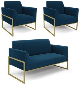 Namoradeira e 2 Poltronas Industrial Alta Dourado Marisa Bouclê D03 - D'Rossi - Azul