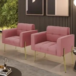 Poltrona Para Sala Pé Metal Dourado Kit 2 Ana Suede Rosê - Ibiza