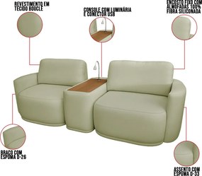 Sofá Sala Modulado 211cm com Console USB Luminária Brumma Bouclê K01 - D'Rossi - Verde