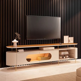Rack Bancada Ária com Led e Prateleira Vidro TV Até 85 Polegadas Off White/Cinamomo G26 - HB Móveis
