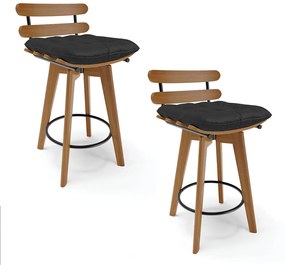 kit 02 Banquetas Giratória Costela Corino Preto Base Madeira MA70 - D'Rossi