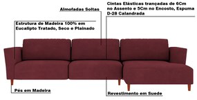 Sofá 330cm com Chaise Direita Franz Suede Bordô G52 - Gran Belo