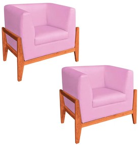 Kit 02 Poltronas Lucy Linho Base Madeira Castanho C05 - D'Rossi - Rosa Chiclete A08