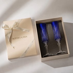 Kit 2 Taças de Cristal Flauta Lapidado 66 p/ Champanhe c/ Caixa de Presente - Azul Escuro  Azul Escuro